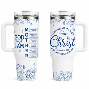 40oz Christian Mom Tumbler with Handle and Straw, Stainless Steel Insulated Travel Cup, God Says I Am Mother Bible Verse Gift for Mom, Mother’s Day Birthday Gift