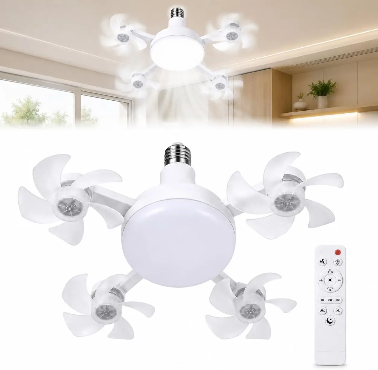 Futuristic Drone-Shaped Ceiling Fan with Light | 50CM E27 & B22 Screw Socket LED Fan Lamp with Remote Control | 3 Color Temperatures Dimmable Timing Silent Operation | Tech Decor Cooling Lighting for Bedroom Gaming Room Dorm