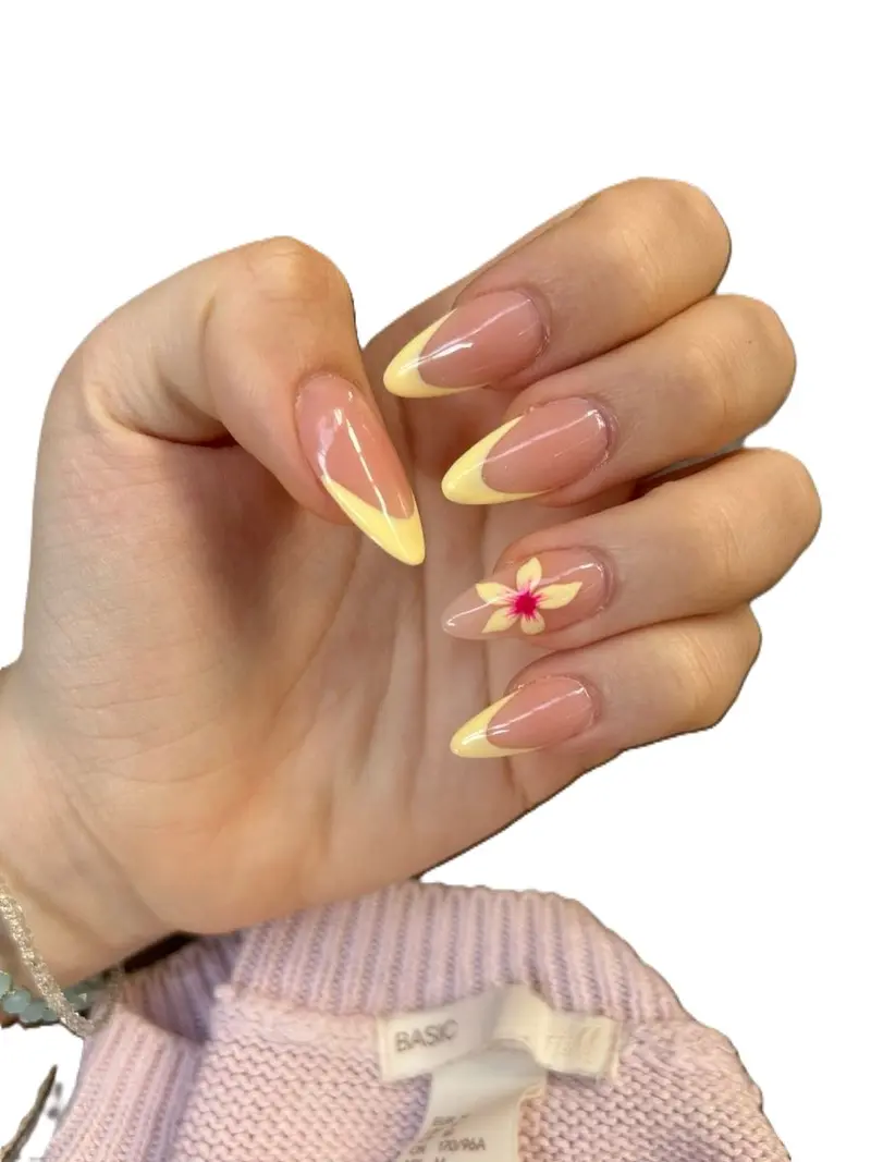 Yellow French Tip Press On Nails, Nude Almond Nails With Flower Accent, Glossy Minimal Floral Nail Set, Spring Summer Nails