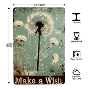 1pc Make a Wish Dandelion Metal Tin Sign, Vintage Wall Art, Inspirational Floral Decor for Home, Garden, Cafe, Gym, Garage, Indoor & Outdoor Use - 8x12 inches