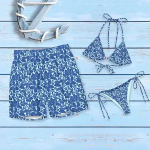 Tropical His and Hers Matching Swimsuits - Blue Couples Beachwear for Honeymoon Vacation