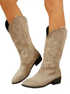Women's Wide Calf Cowboy Boots, Embroidered Western Style Mid-Calf Boots, Pointed Toe Faux Suede, Textile Lining, All Seasons