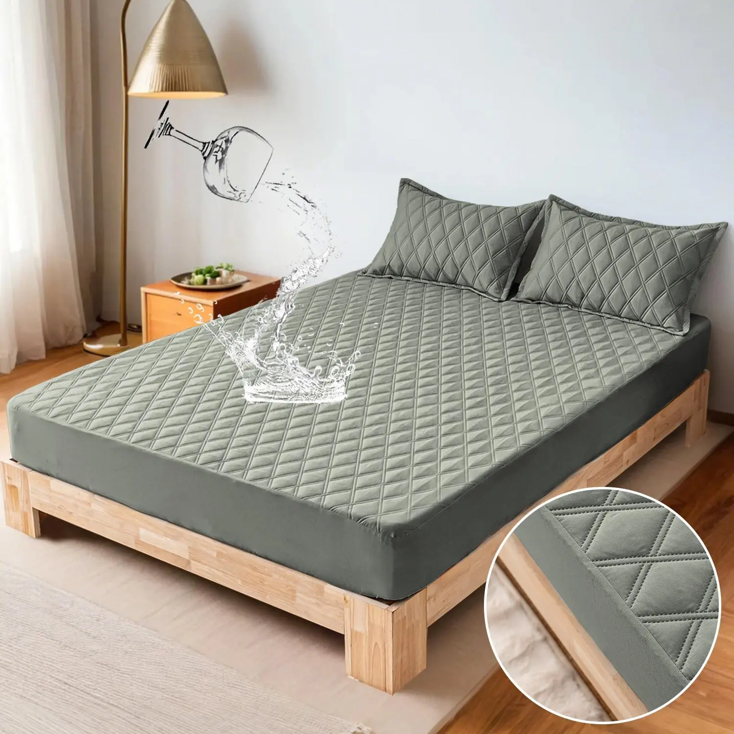Quilted Waterproof Mattress Cover, Silent Elastic Fitted Sheet with 2 Pillowcases, Durable Polyester Bed Pad Cover for Double/Full/King Size Beds (Pillow Not Included)