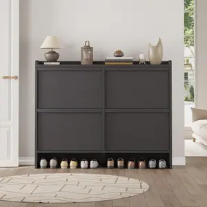GAOMON Entryway Shoe Cabinet with 4 Flip Drawers, Wooden Shoe Storage Organizer with Adjustable Shelves, Slim Hidden Shoe Cabinet for Hallway Living Room, Black