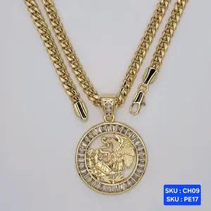 Centenario Eagle Large &  Small with clear stones Chain Cuban link 24 inches 6 millimeters Laminated Gold jewerly. Jewelry Necklace SKU CH09SKU  PE17, PE17S