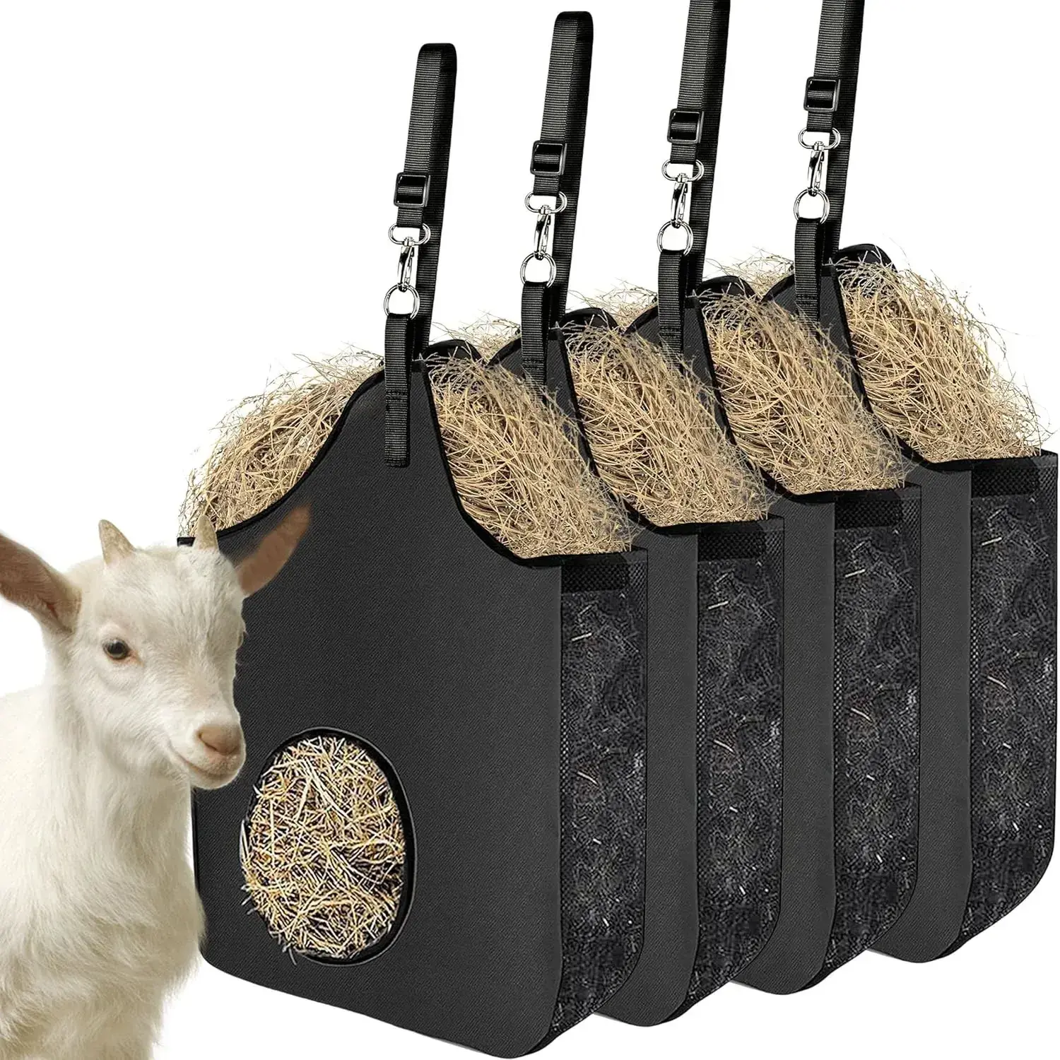High Quality Oxford Fabric 4-Pcs Horse Hanging Slow Feeder Hay Bags, Metal Ring, Adjustable Strap, Waterproof, Aging-Resistant, Easy to Use, 19.7x17.7x6in Black Farm Animal Feeding Tote