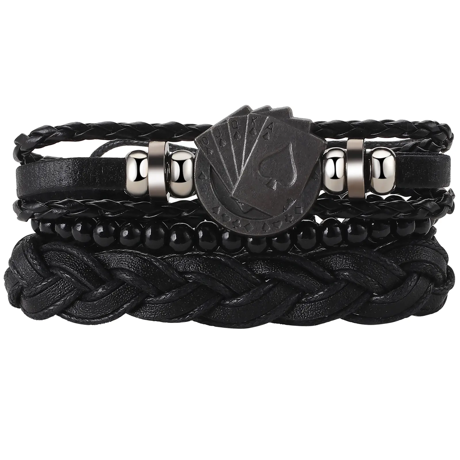 OIDEA Men's Ethnic Layered PU Leather Bracelet with Alloy Poker Charm, Adjustable Size Casual Wristband for Male Birthday Gifts, Dimensions