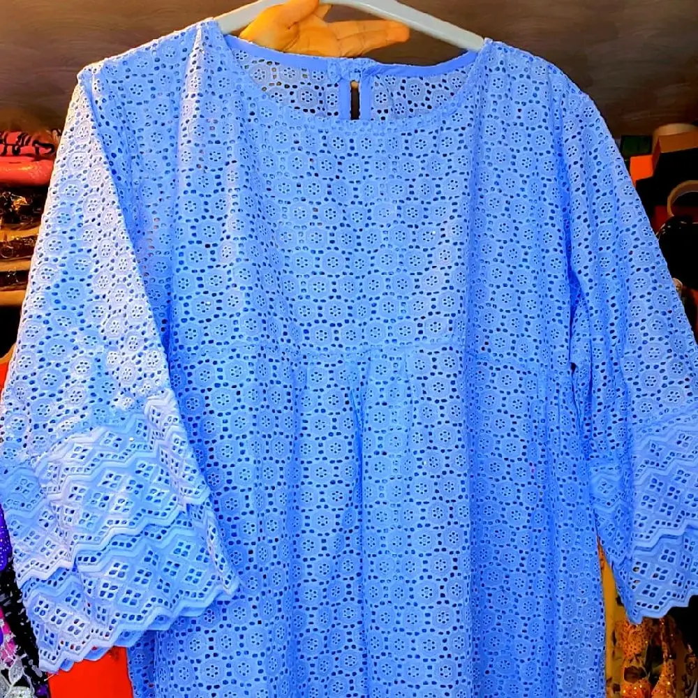 Boubou Gown Dresses - Blue Eyelet Design with Flounce Sleeves and Round Neckline