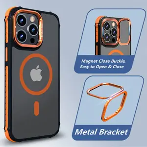 Magnetic Case for iPhone 13 14 15 16 17 Pro Max Drop Resistant Matte Skin Feel Shockproof Metal Bracket Armor Magsafe Cases