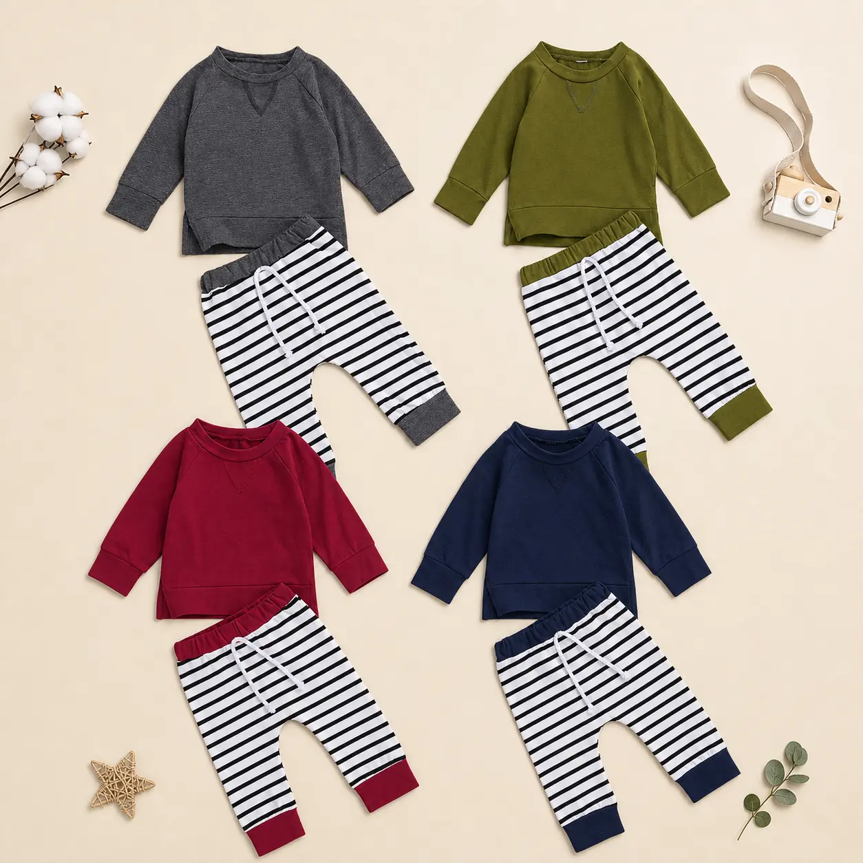 Baby Boy's Autumn Outfit Set Solid Color Long Sleeve Sweatshirt Tops and Striped Elastic Waist Pants Set
