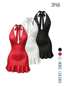 Women's Three-Piece Polka Dot Halter Dress Set, Vintage Deep V Ruffle Short Skirt, American Style Vacation Wear, Retro Aesthetic
