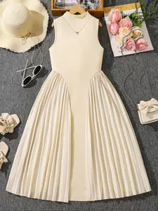 Toddler Girl's Solid Color Pleated Sweater Dress, Plain Dress, Elegant Fashion Casual Sleeveless Tank Dress for Daily Outdoor Wear, Toddler Girls Dress for Spring Fall