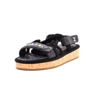 Pre-owned Chanel Women's Cord Velcro Dad Sandals Quilted Leather and Cork by Rebag
