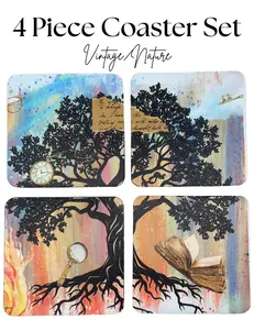Boho Vintage Four Element Tree 4 Piece Coaster Set - Gift Set with Nature Inspired Designs and Unique Artwork Designed By Boho Sew What