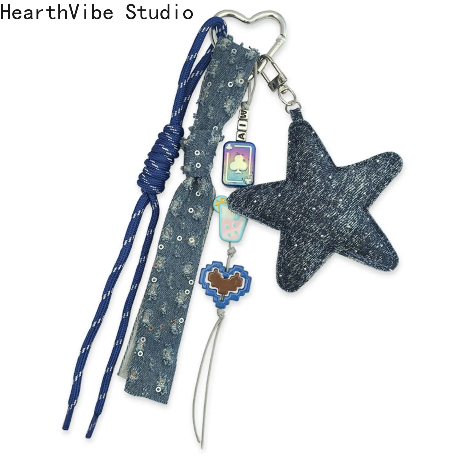 HearthVibe Studio Unisex Denim Bag Charm Keychains - Cowboy-Style 5-Pointed Star, Braided Lanyard with Contrast Ropes, Exquisite Alkali Knot Fashion Accessory