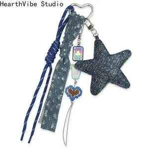 HearthVibe Studio Fashion Cowboy Style Five-pointed Star Bag Pendant Braid Lanyard Cute Alkali Knot Keychain Contrast Color Exquisite Denim Charm