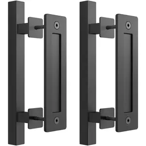 2 Pack 12" Barn Door Handles, Sliding barn Door Pull Handle, No Gap Flat Plate Design- Heavy Duty- Square- Easy to Install- Matt Black (685-2)