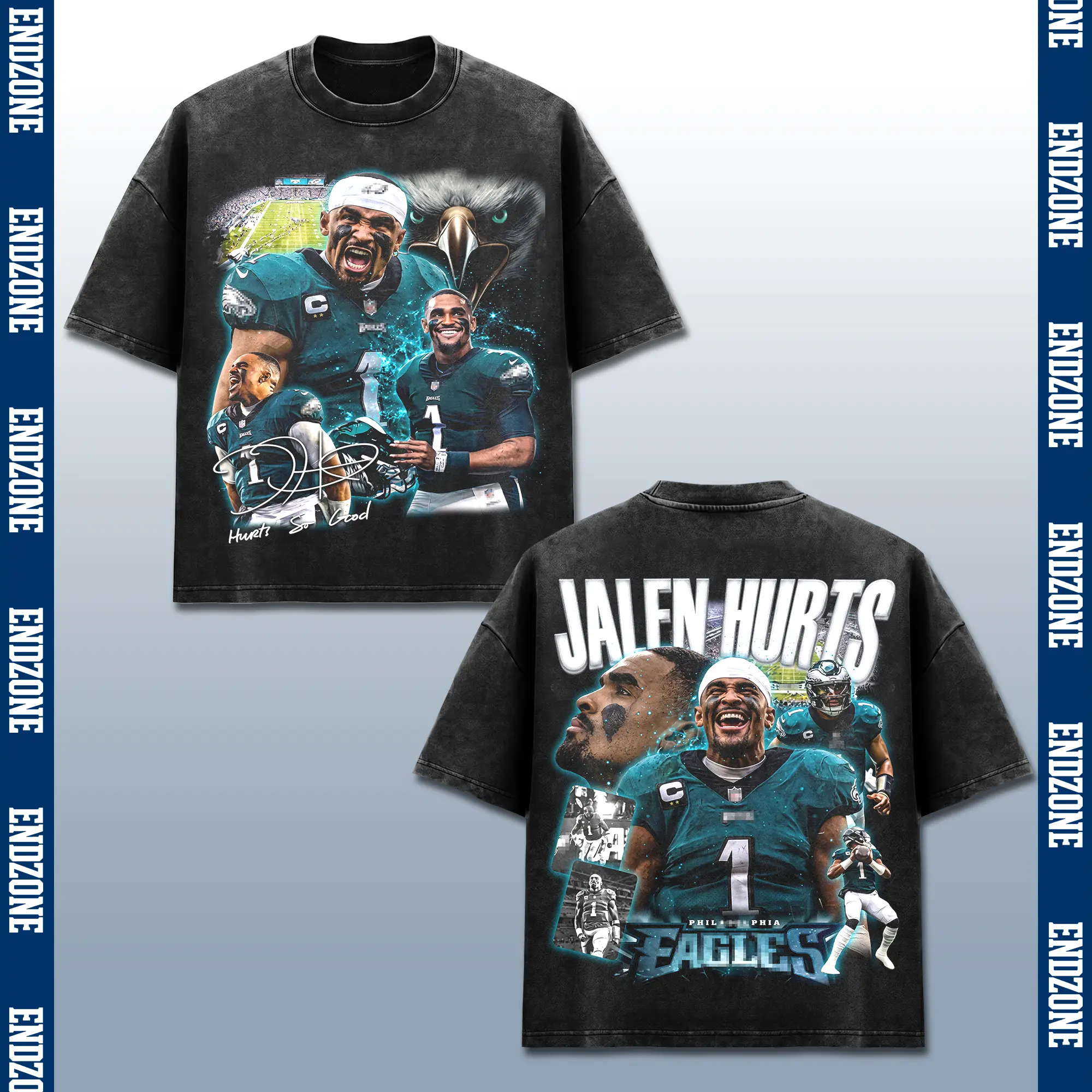 [Endzone] Jalen Hurts Shirt, Hurts So Good T-Shirt, JH1 Tee, Philly QB Graphic Tee, Philly American Football Season 2026 Shirt, Star Quarterback Merch, Vintage Acid Wash Black Tshirt, Heavyweight Oversized, Game Day Fan Clothes, Champion Apparel