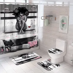 4Pcs African American Black Girl Waterproof Shower Curtain Sets for Bathroom with Non Slip Rugs, Toilet Cover and Bath Mat, 12 Plastic Hooks (Girl-Sit)