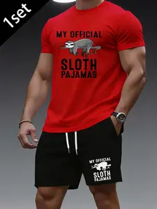 Men's T-shirt and Shorts Set with Sloth Print and "MY OFFICIAL SLOTH PAJAMAS" Lettering, Short Sleeve Loungewear Set for Casual Relaxation at Home.