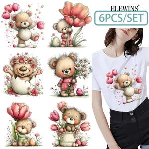 6 Pcs Easter Teddy Bear Gold Foil DTF Transfer Decal for T Shirts Jeans Hats Reusable Washable Heat Press Transfer Sticker for DIY Crafting Supplies Diy Material