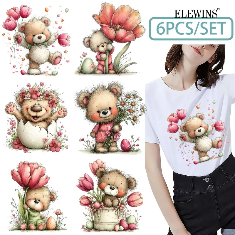 6 Pcs Easter Teddy Bear Gold Foil DTF Transfer Decal for T Shirts Jeans Hats Reusable Washable Heat Press Transfer Sticker for DIY Crafting Supplies Diy Material