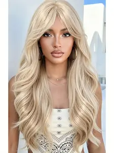 Platinum Blonde Wig with Bangs for Women, Long Wavy Synthetic Wig, Natural Looking, Heat Resistant, 26 Inch, Premium Synthetic Wigs