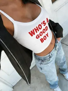 Ladies' "Who is a good boy" slogan printed Statement Y2K Aesthetic sexy Short Slim Fit backless camisole, summer casual sleeveless top, daily wear women's clothing