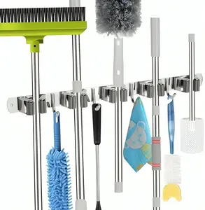 5-Rack 4-Hook Heavy Duty Self-Adhesive Wall Mount Mop & Broom Holder Organizer for Kitchen, Garden, Laundry & Garage Storage Tools