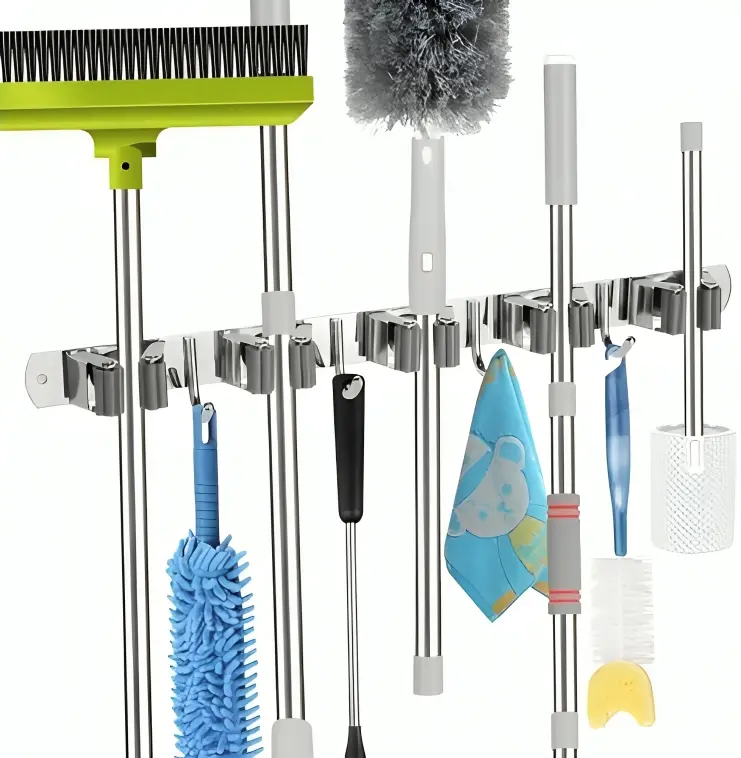 Stainless Steel Heavy Duty Self-Adhesive Wall Mount Mop & Broom Holder Organizer - 5 Racks, 4 Hooks for Kitchen, Garage, Laundry Storage Tools