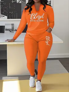 Plus-size Solid-color Women's Activewear Set with Letter-print Top & Pants Comfortable Slim-Fitting Fabric for Everyday Wear Elegant Design