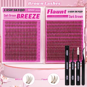 LASH SKYQD 276pcs D Curl BREEZE & Flaunt Brown False Eyelash Cluster Kit, Mix 10-16mm Wispy Cluster Eyelash Extensions Kit With Lash Bond and Seal and Tweezers, Perfect for Beginners & Proficient, DIY at Home Easily, Easy Apply for Makeup Daily