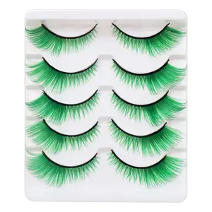 False Lashes Natural Lashes 5 Pairs Cat Eye Fluffy False Eyelashes for Halloween, Cosplay, Party, Stage Makeup (Green)