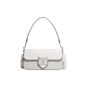 COACH Morgan 27 Tote Bag for Women – Silver Logo Clasp, Coated Canvas and Leather, Chalk and Glacier White