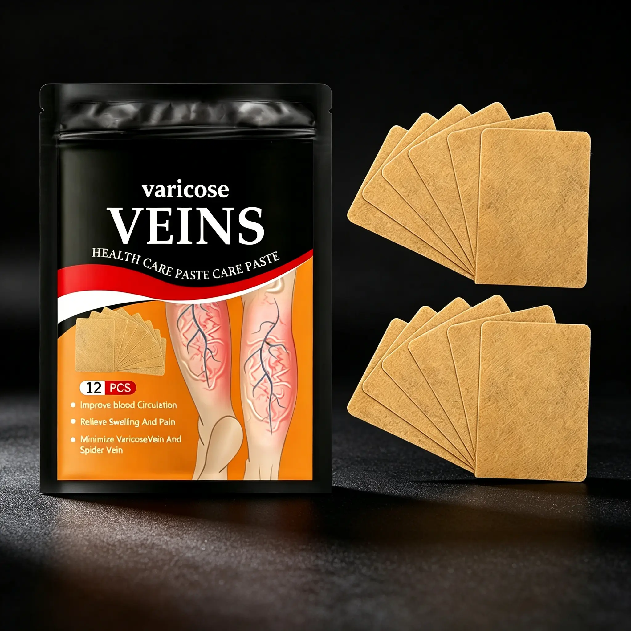 Varicose Veins Health Care Paste 12 Patches – Improves Blood Circulation & Relieves Leg Swelling – Minimizes Varicose & Spider Veins – Soothes Aching, Heavy Legs – Cooling Comfort Leg Patch for Daily Vein Care