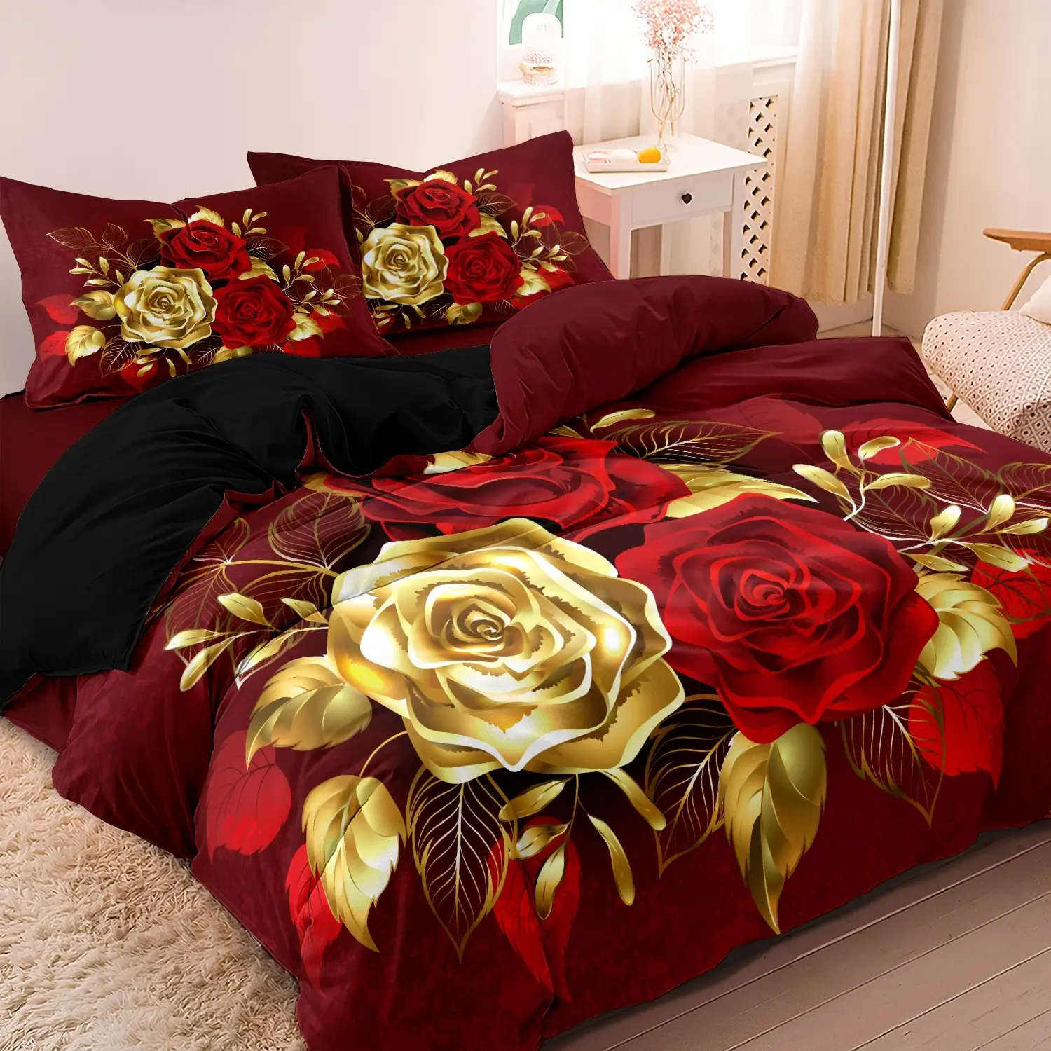 Rose Pattern Duvet Cover Set, 3 Counts/set Including 1 Duvet Cover & 2 Pillowcases without Filler, Soft Comfortable Bedding Set for Home Bedroom Hotel, Decorative Duvet Cover, Comfy Bedding Sets