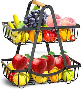 2-Tier Fruit Basket for Kitchen Detachable Metal Storage Stand with Wood Handle Fruits Vegetables Bread Snack Organizer Modern Kitchen Decor