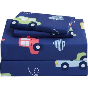 Twin Sheet Set Colorful Cars Bed Sheets for Boys - 3 Pcs Deep Pockets Fitted Sheet,Breathable Soft Microfiber Navy Blue Bedding Sets for Toddlers Room Decor