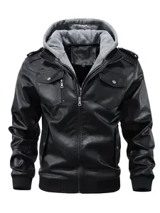 New hooded men's fitted long sleeve synthetic leather motorcycle jacket, second-hand bicycle rider bomber military jacket, leather jacket, leather jacket, leather jacket coats