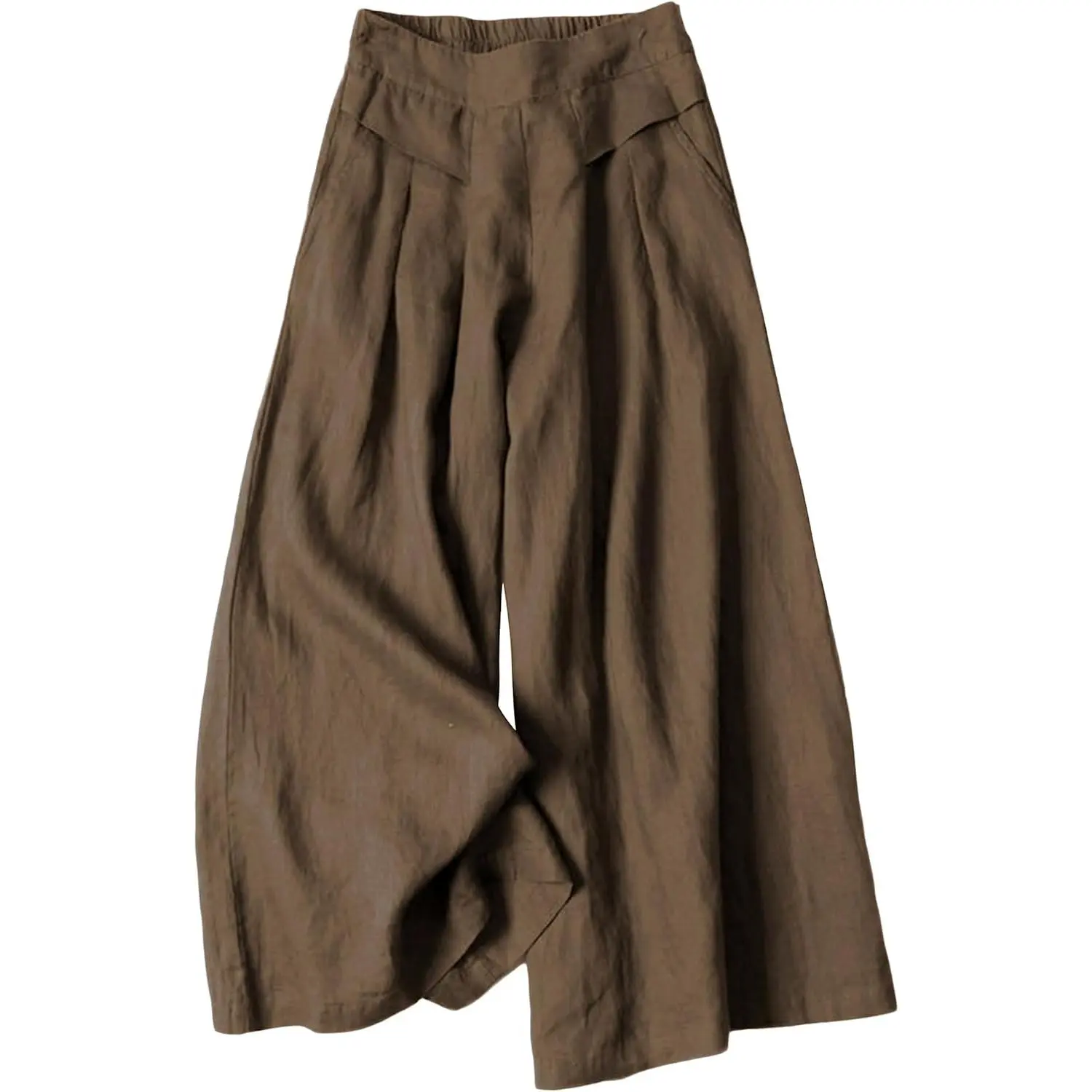 Women's Casual Cotton Linen Culottes, Loose Fit Boho Wide Leg Capris with an Elastic Waist and Pockets, Tank Top, Baggy, Bottom, Soft, Drape, Comfy Pants, Bottoms, Flat, Oversized, Basic, Cropped, Dry Clean, High Waist
