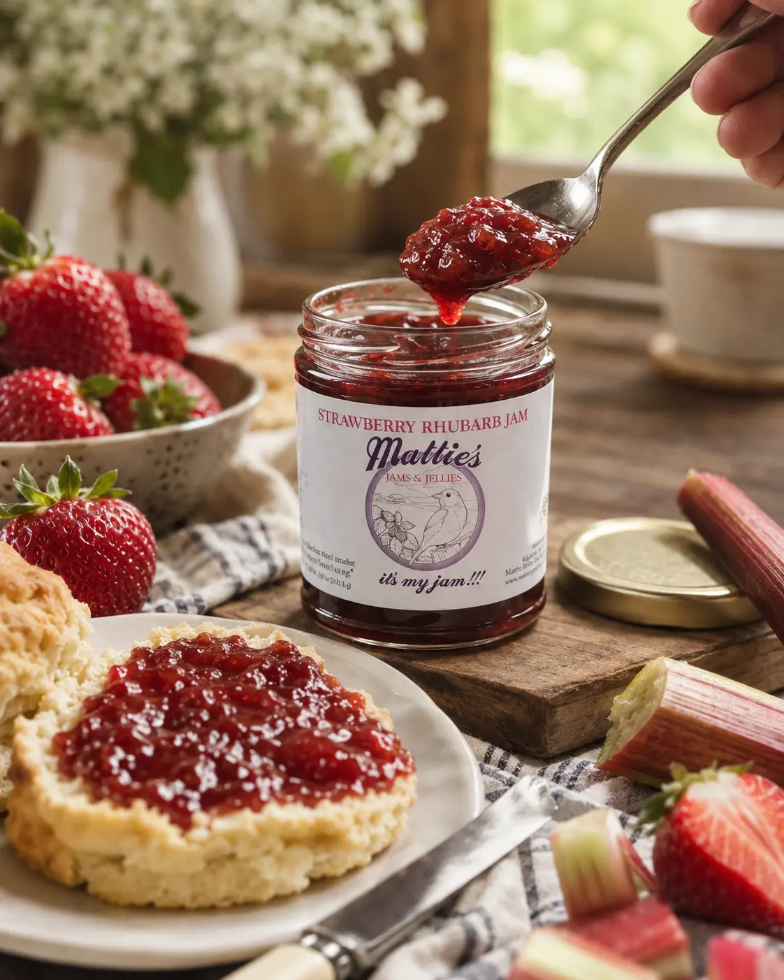 Mattie's Strawberry Rhubarb Jam Tangy Tart - 100% Real Fruit Natural Sweet & Tangy Jam for Toast Yogurt or Pastries