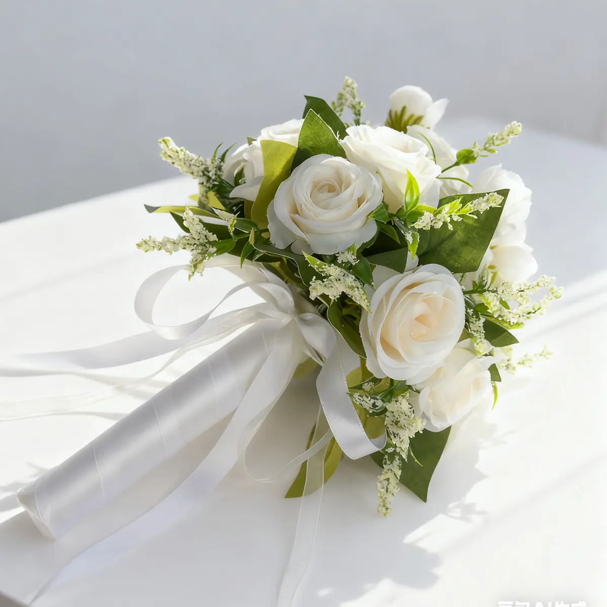 Lightweight Silky Plastic Forever White Silk-Satin Artificial Rose Bouquet with Forest Style Decorative Leaves, Bridal Handheld Floral Decor for Wedding Ceremony, No Upkeep Home Decor Accessory (Ideal for Photo Shoots)
