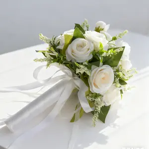 Forest Wedding Bouquet, Artificial White Rose Bridal Handheld Flowers for Ceremony, Bridesmaid, Flower Girl Decor Decorative Leaf Lightweight