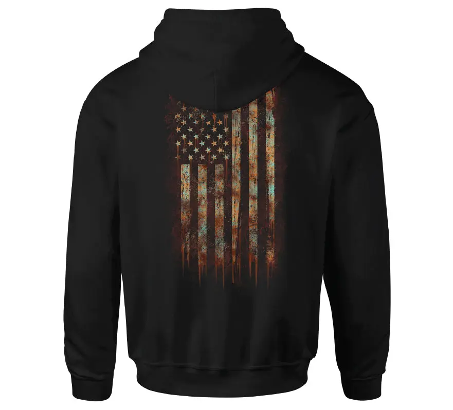 Howitzer Men's Original Artisan Patterned Military Retro Hoodie - Tagless Neck, Soft Ring-Spun Cotton Blend Pullover, Rust Flag Graphic Print, American Art, All Seasons, Cold-Wash Patriotic Menswear for Veterans, 2000s Casual Affordable Tops