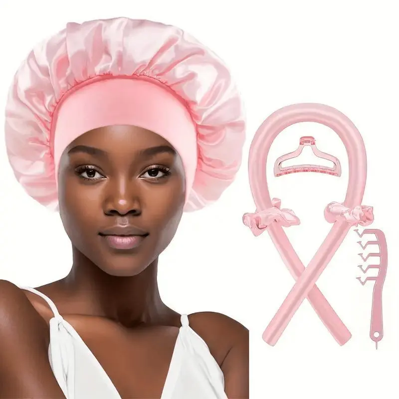 Women's 6PCS Curly Hair Styling Kit - Satin Cap, EVA Foam Rollers for Overnight Salon Waves, No Heat Damage (Bag Accessories Charm/Twillie Companion)