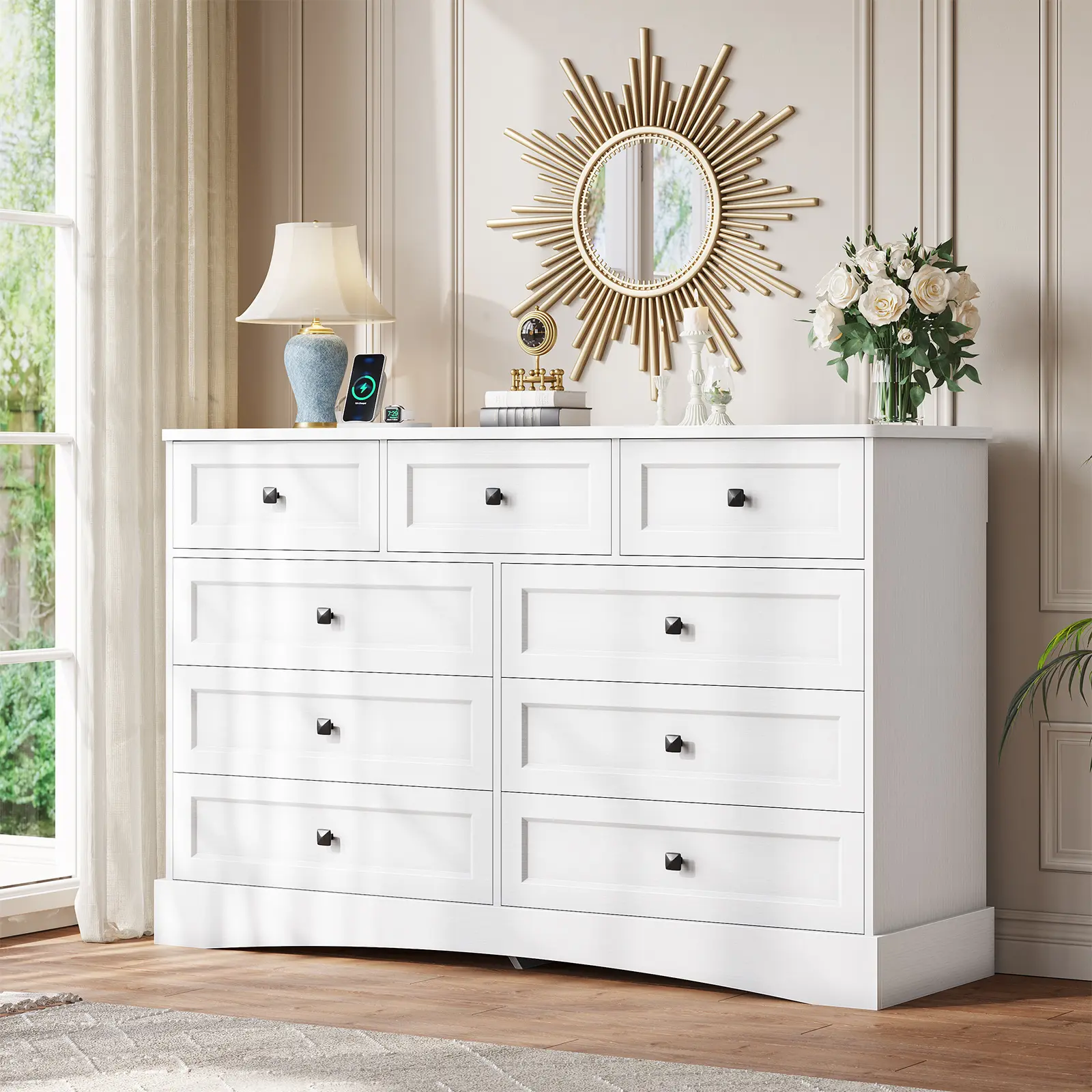 The White Dresser for Bedroom with 9 Drawers, 51.2" Large Drawer Dressers with Charging Station, Wide Farmhouse Dressers Chest of Drawers, Wooden Storage Tower Organizer, Dresser for Bedroom Closet - TikTok Shop The White Dresser for Bedroom with 9 Drawers, 51.2" Large Drawer Dressers with Charging Station, Wide Farmhouse Dressers Chest of Drawers, Wooden Storage Tower Organizer, Dresser for Bedroom Closet - TikTok Shop