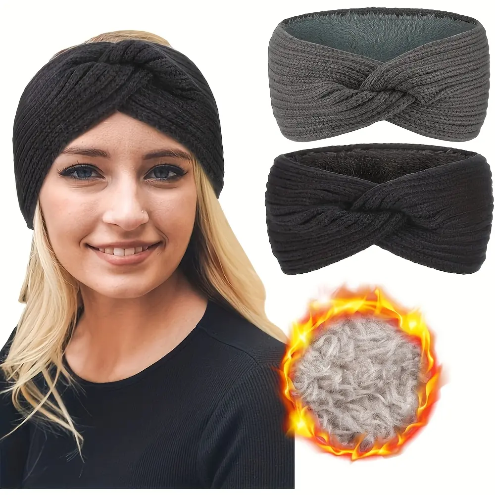 Women'S Thermal Headband - Winter Ear Warmer & Hair Band with Thick Fleece Lining, Elastic Stretchy Cold Weather Head Wrap for Skiing, Christmas, Everyday - Soft Warm Hair Accessory in Black/Gray/ - Hand Washable, Winter Headwear, Cozy Headwear, Soft Flee