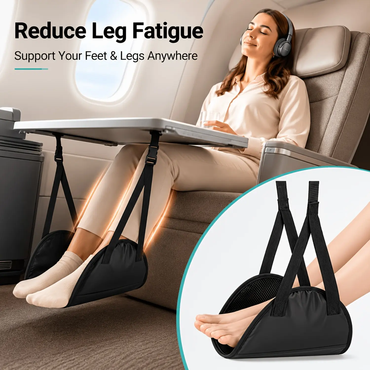 One ultra-comfortable airplane footrest - height adjustable, portable soft polyester material, travel foot rest pad, compact design, space-saving, suitable for airplanes, trains, and offices.