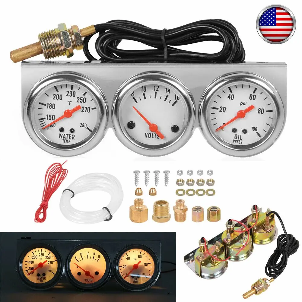 2" 52mm Chrome Panel 3-in-1 Universal Car Triple Gauge Kit, White Face - Oil Pressure, °F Water Temp, Ammeter - For Car Enthusiasts Mechanics - Enhance Vehicle Monitoring