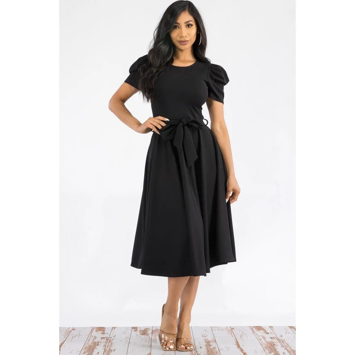 Women's Plain Puff Sleeve Midi Cocktail Dress with Pockets for Party, Formal  and Casual Dresses - TikTok Shop